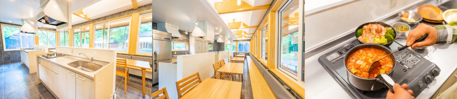 【北海道】【キッチン棟】共用キッチンと飲食用の席を備えております。